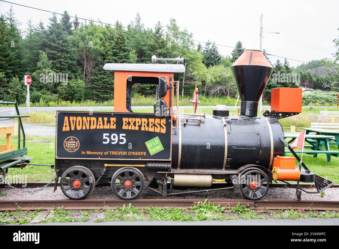 Avondale Express 595-Motor im Eisenbahnmuseum in Avondale, Neufundland und Labrador, Kanada Stockfoto