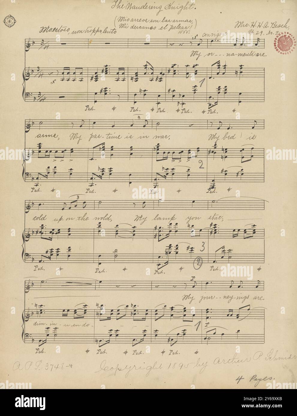 Musik 1800-1900; Musikmanuskripte; Beach, Mrs. H. A. der Wanderritter op. 29, nein 2, Beach, Mrs. H. H. A., 1800 - 1900, Schmidt, Arthur Paul, Musikverlag, populäre Musik, Schreiben und Veröffentlichen, Noten, Musik, USA, 19. Jahrhundert, Musik, Vereinigte Staaten, Manuskripte, Vereinigte Staaten, Manuskripte Stockfoto