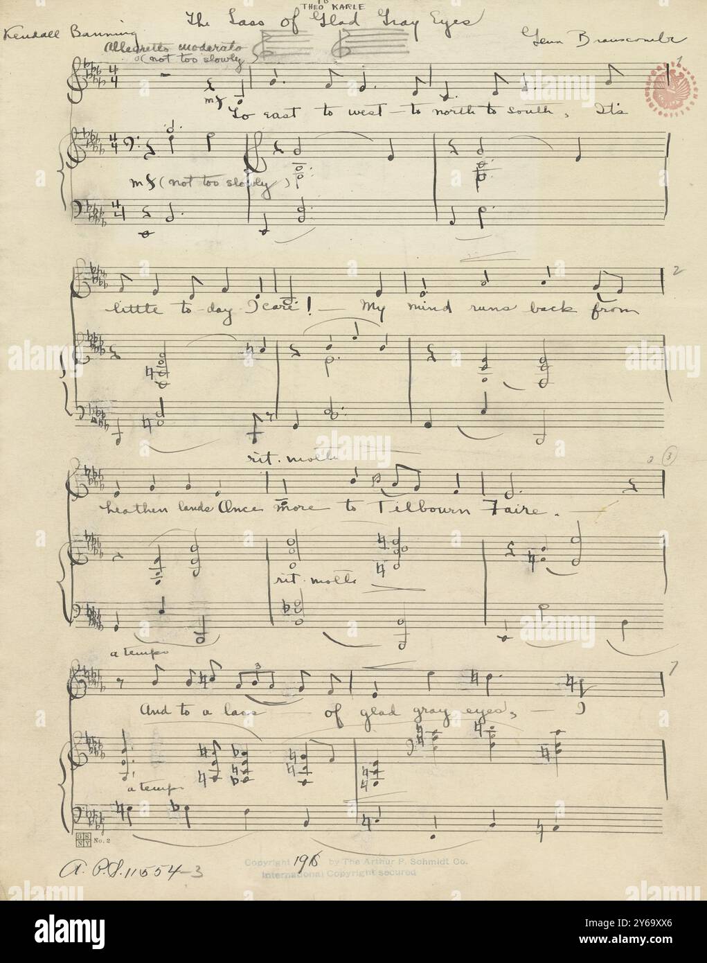 Musik 1800-1900; Musikmanuskripte; Branscombe, Gena. Der Typ der glücklichen grauen Augen, Branscombe, Gena., 1800 - 1900, Schmidt, Arthur Paul, Musikverlag, populäre Musik, Schreiben und Veröffentlichen, Noten, Music, United States, 19th Century, Music, United States, Manuskripte, Usa, Manuskripte Stockfoto