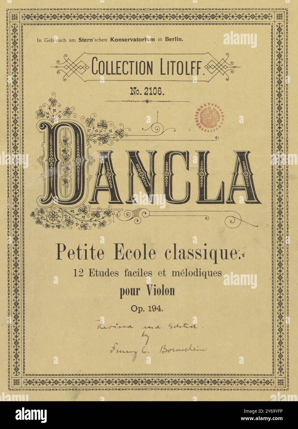 Musik 1800–1900; Musikmanuskripte; Dancla, Charles. Petite école Classique, arrangiert, Dancla, Charles., 1800 - 1900, Schmidt, Arthur Paul, Musikverlag, populäre Musik, Schreiben und Verlagswesen, Noten, Musik, Vereinigte Staaten, 19. Jahrhundert, Musik, USA, Manuskripte, USA, Manuskripte, Arrangement von F. C. Bornschein. Stockfoto