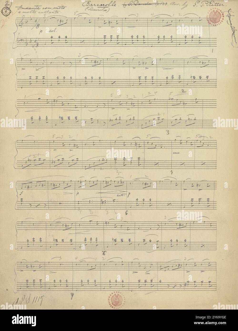 Musik 1800–1900; Musikmanuskripte; Dancla, Charles. Barcarolle, arrangiert, Dancla, Charles., 1800 - 1900, Schmidt, Arthur Paul, Musikverlag, populäre Musik, Schreiben und Verlagswesen, Noten, Musik, Vereinigte Staaten, 19. Jahrhundert, Musik, USA, Manuskripte, USA, Manuskripte, Arrangement von G. P. Ritter. Stockfoto