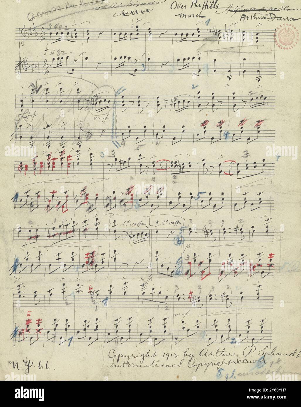 Musik 1800–1900; Musikmanuskripte; Dana, Arthur. Über die Hügel, Dana, Arthur., 1800 - 1900, Schmidt, Arthur Paul, Musikverlag, populäre Musik, Schreiben und Veröffentlichen, Noten, Music, United States, 19th Century, Music, United States, Manuskripte, Usa, Manuskripte Stockfoto