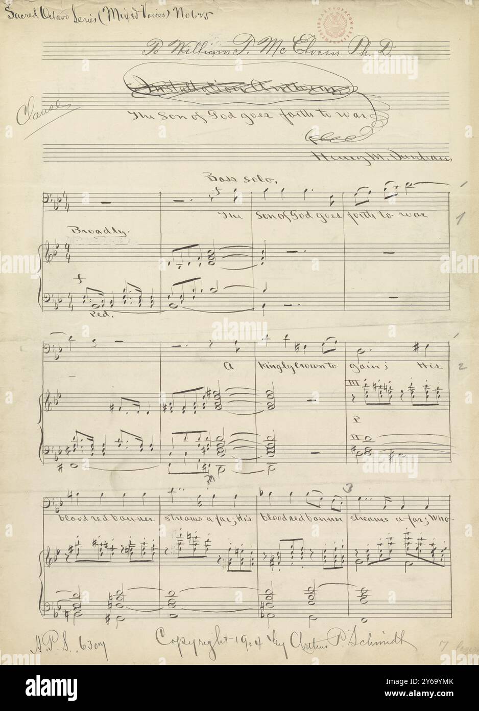 Musik 1800–1900; Musikmanuskripte; Dunham, Henry M. der Sohn Gottes geht hinaus in den Krieg, Dunham, Henry M., 1800–1900, Schmidt, Arthur Paul, Musikverlag, populäre Musik, Schreiben und Veröffentlichen, Noten, Music, United States, 19th Century, Music, United States, Manuskripte, Usa, Manuskripte Stockfoto