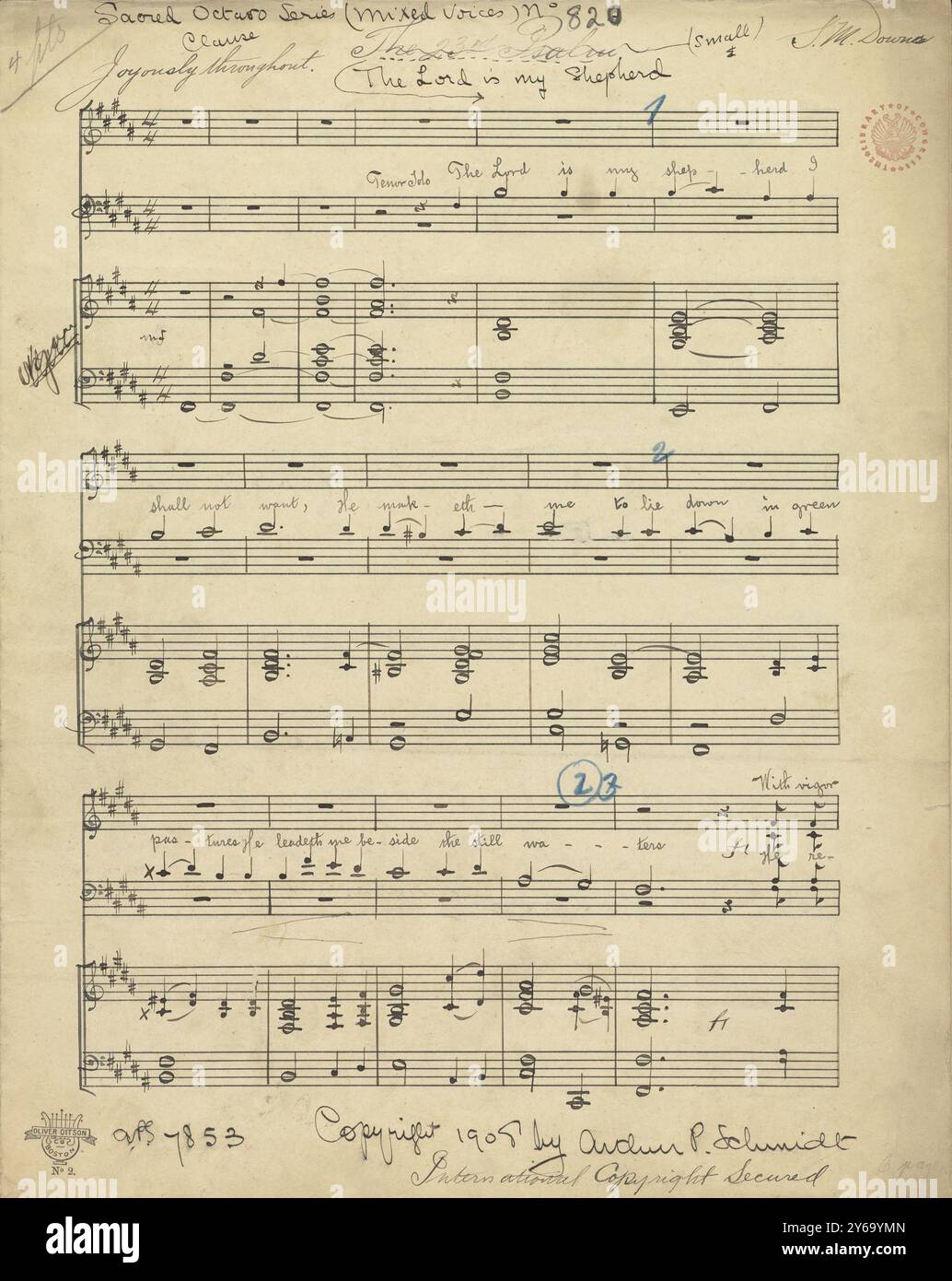 Musik 1800-1900; Musikmanuskripte; Downs, S. M. der Herr ist mein Hirte, Downs, S. M., 1800-1900, Schmidt, Arthur Paul, Musikverlag, populäre Musik, Schreiben und Veröffentlichen, Noten, Music, United States, 19th Century, Music, United States, Manuskripte, Usa, Manuskripte Stockfoto