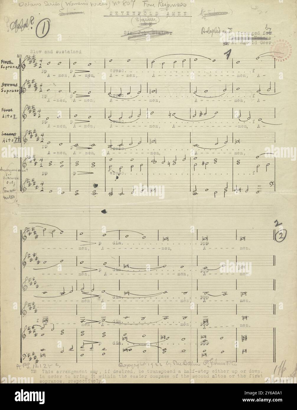 Musik 1800–1900; Musikmanuskripte; Greer, E. Harold, Arrangeur. Sivenfold Amen (Stainer), Greer, E. Harold (Arrangeur), 1800 - 1900, Schmidt, Arthur Paul, Musikverlag, populäre Musik, Schreiben und Veröffentlichen, Noten, Music, United States, 19th Century, Music, United States, Manuskripte, Usa, Manuskripte Stockfoto