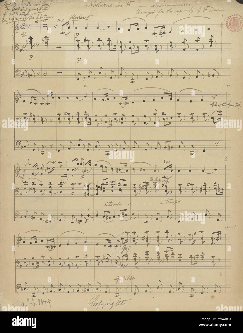 Musik 1800–1900; Musikmanuskripte; Hamer, George F., Arrangeur. Nocturne in F (Robert Schumann), Hamer, George F. (Arranger), 1800–1900, Schmidt, Arthur Paul, Musikverlag, populäre Musik, Schreiben und Veröffentlichen, Noten, Music, United States, 19th Century, Music, United States, Manuskripte, Usa, Manuskripte Stockfoto