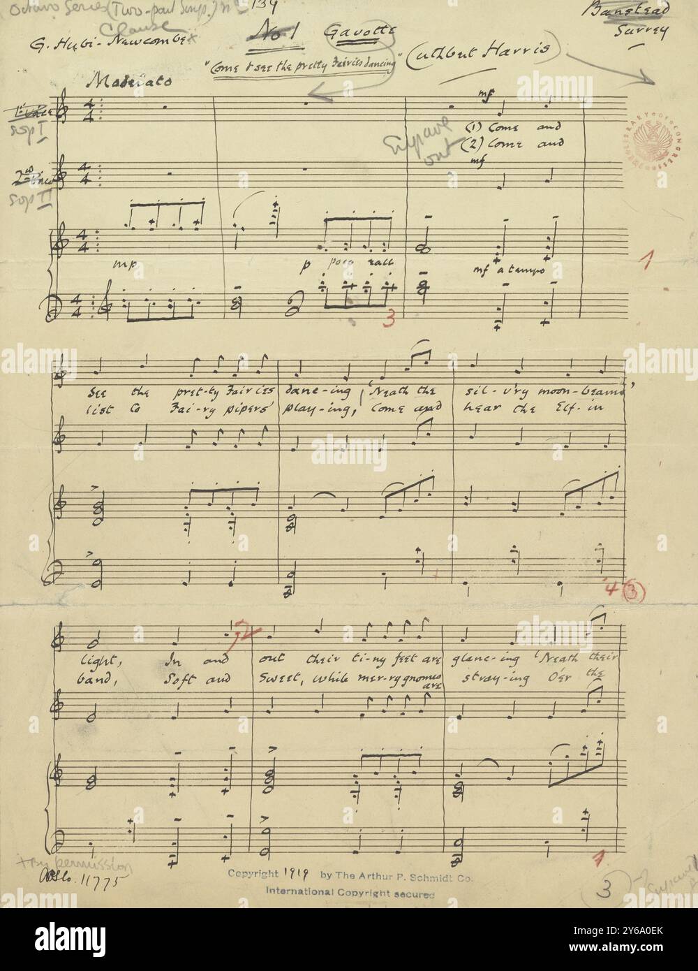 Musik 1800–1900; Musikmanuskripte; Harris, Cuthbert. Sehen Sie sich die hübschen Feen an, die tanzen, Harris, Cuthbert., 1800 - 1900, Schmidt, Arthur Paul, Musikverlag, populäre Musik, Schreiben und Veröffentlichen, Noten, Music, United States, 19th Century, Music, United States, Manuskripte, Usa, Manuskripte Stockfoto