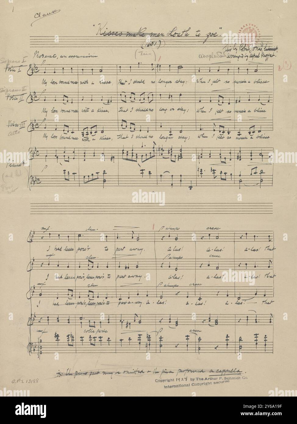 Musik 1800–1900; Musikmanuskripte; Jones, R. Loath to goe, arrangiert, Jones, R., 1800–1900, Schmidt, Arthur Paul, Musikverlag, populäre Musik, Schreiben und Verlagswesen, Noten, Musik, Vereinigte Staaten, 19. Jahrhundert, Musik, USA, Manuskripte, USA, Manuskripte, Arrangement von A. Moffat. Stockfoto