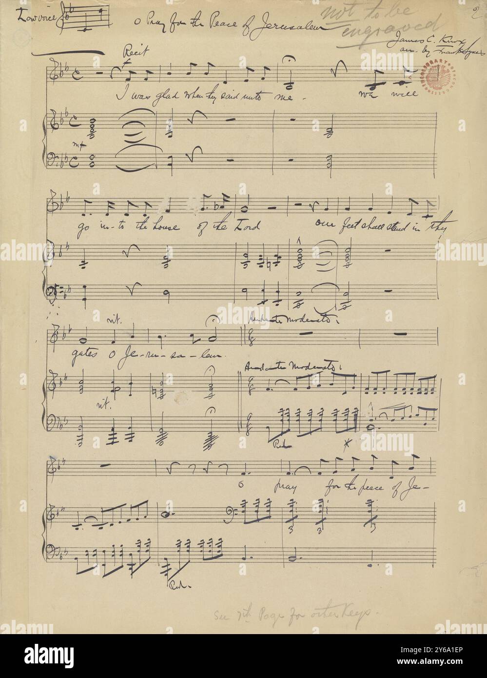 Musik 1800–1900; Musikhandschriften; Knox, James C. O Pray for the Peace of Jerusalem, für Bariton und Klavier, arrangiert, Knox, James C., 1800–1900, Schmidt, Arthur Paul, Musikverlag, populäre Musik, Schreiben und Verlagswesen, Noten, Musik, Vereinigte Staaten, 19. Jahrhundert, Musik, USA, Manuskripte, USA, Manuskripte, Arrangement von Frank Lynes. Die Punktzahl ist mit „nicht zu gravieren“ gekennzeichnet. Stockfoto
