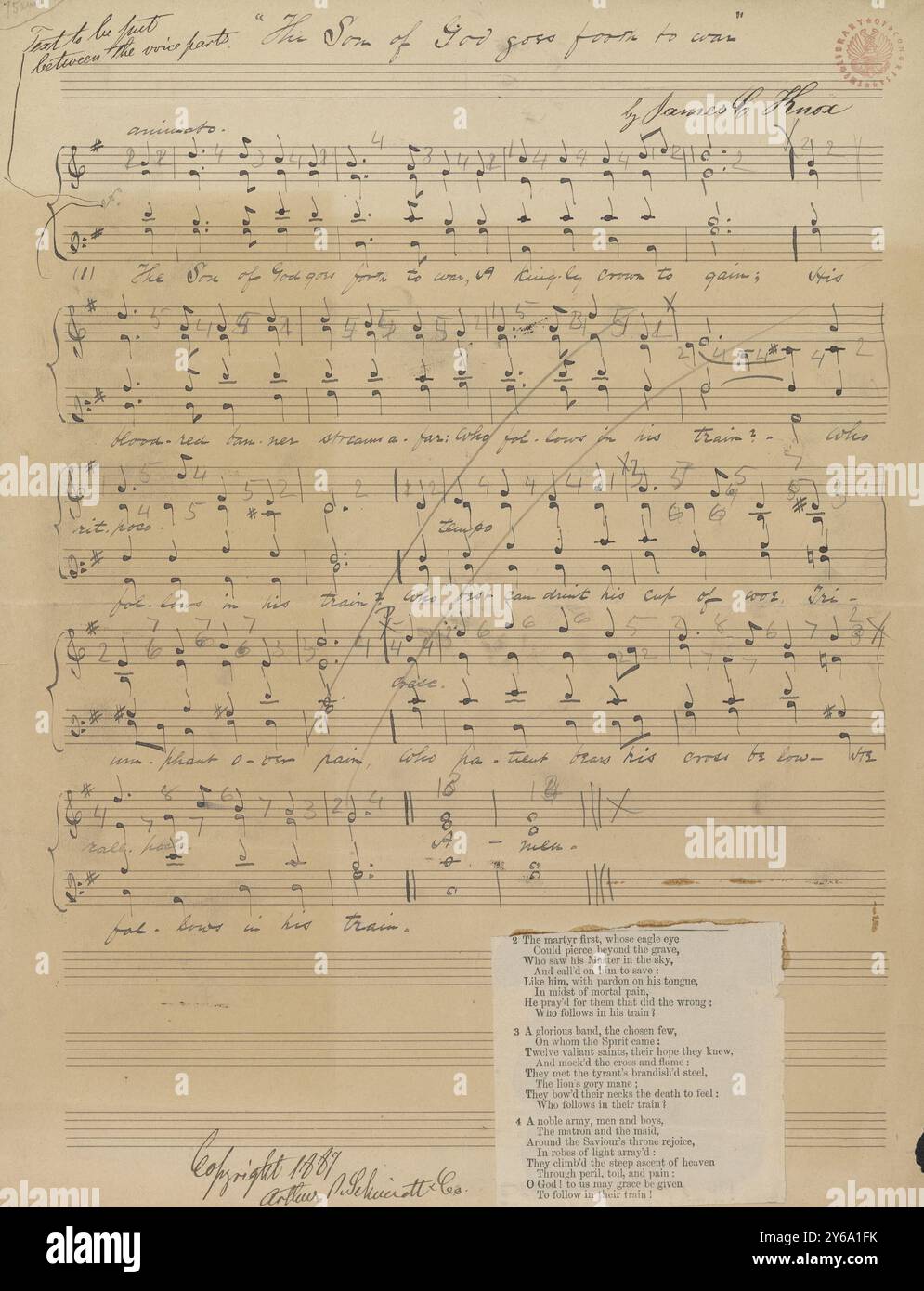 Musik 1800–1900; Musikmanuskripte; Knox, James C. der Sohn Gottes geht hinaus in den Krieg, Knox, James C., 1800–1900, Schmidt, Arthur Paul, Musikverlag, populäre Musik, Schreiben und Veröffentlichen, Noten, Music, United States, 19th Century, Music, United States, Manuskripte, Usa, Manuskripte Stockfoto