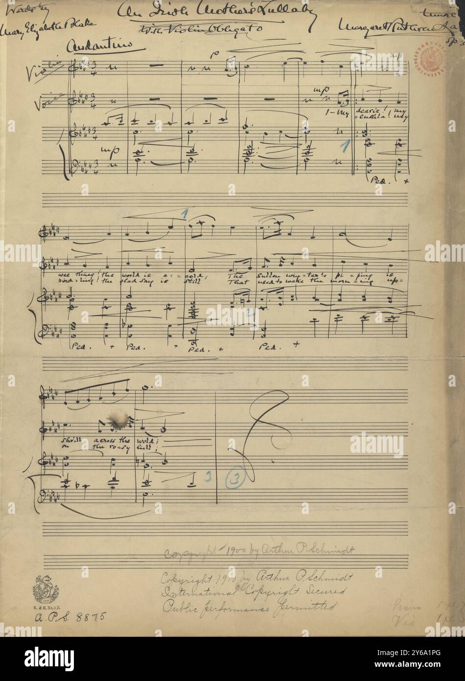 Musik 1800–1900; Musikhandschriften; lang, Margaret R. ein irisches Schlaflied für Singstimme, Violine obligato und Klavier, op. 34, lang, Margaret R., 1800–1900, Schmidt, Arthur Paul, Musikverlag, populäre Musik, Schreiben und Verlagswesen, Noten, Musik, Vereinigte Staaten, 19. Jahrhundert, Musik, Usa, Manuskripte, Usa, Manuskripte Stockfoto