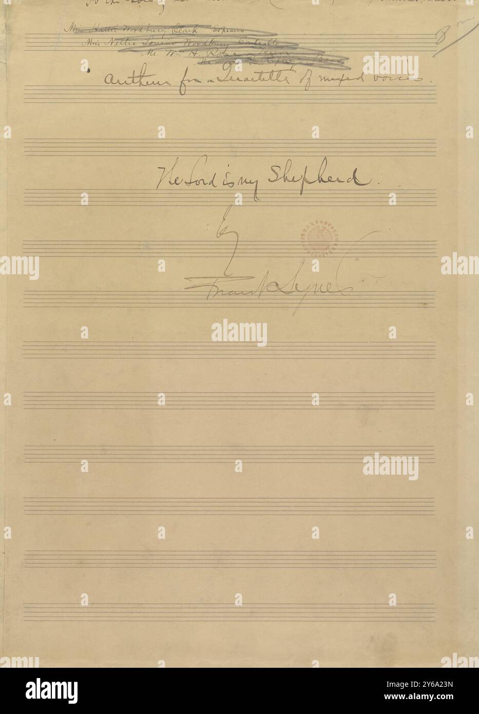 Musik 1800–1900; Musikmanuskripte; Lynes, Frank. Der Herr ist mein Hirte, Lynes, Frank., 1800 - 1900, Schmidt, Arthur Paul, Musikverlag, populäre Musik, Schreiben und Veröffentlichen, Noten, Music, United States, 19th Century, Music, United States, Manuskripte, Usa, Manuskripte Stockfoto