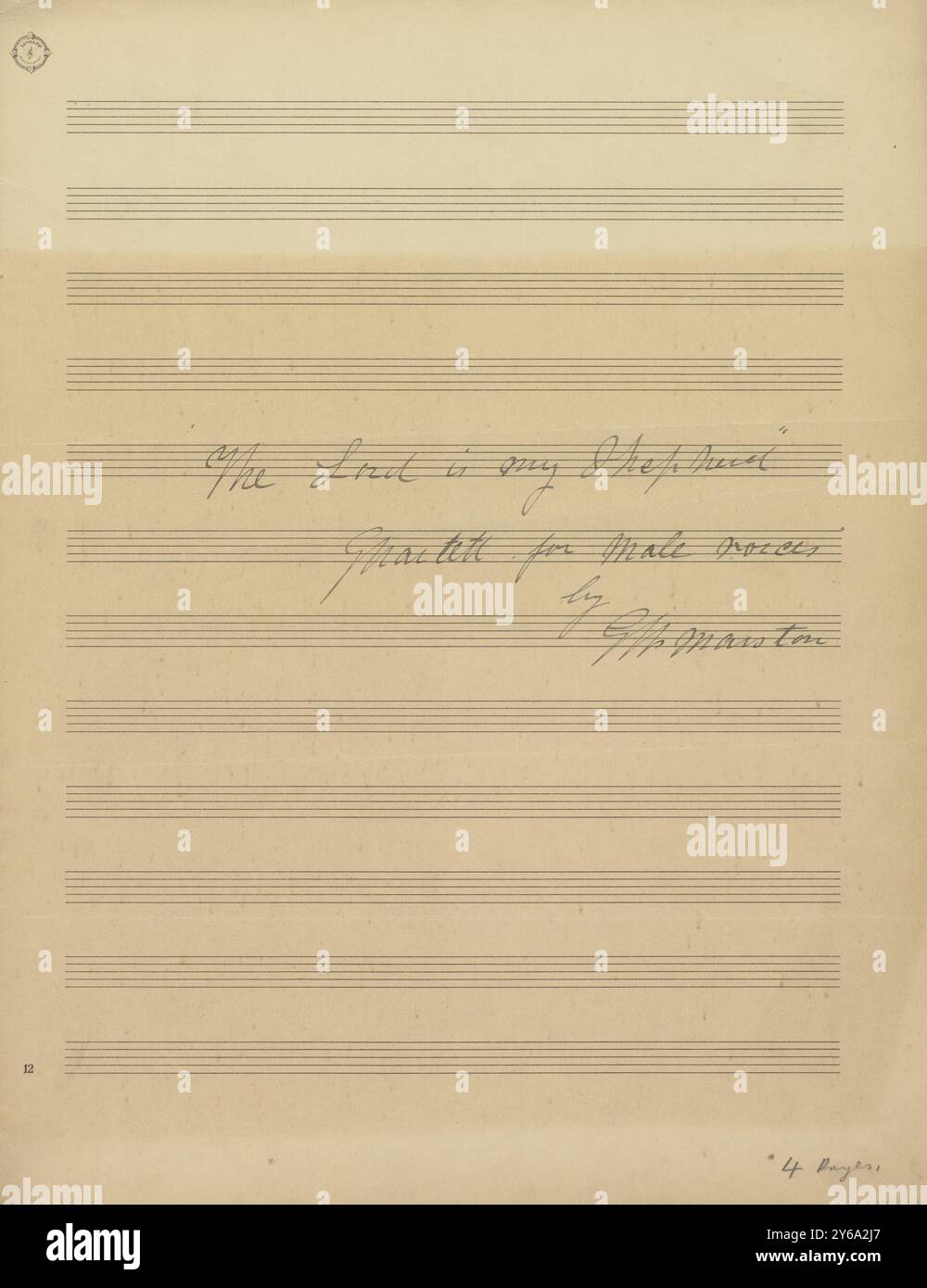 Musik 1800–1900; Musikmanuskripte; Marston, G. W. The Lord Is My Shepherd, Marston, G. W., 1800–1900, Schmidt, Arthur Paul, Musikverlag, populäre Musik, Schreiben und Veröffentlichen, Noten, Music, United States, 19th Century, Music, United States, Manuskripte, Usa, Manuskripte Stockfoto