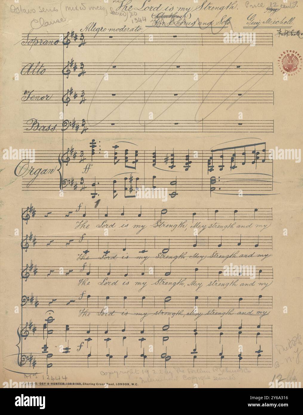 Musik 1800-1900; Musikmanuskripte; Michell, Guy. Der Herr ist mein Hirte, Michell, Guy, 1800 - 1900, Schmidt, Arthur Paul, Musikverlag, populäre Musik, Schreiben und Veröffentlichen, Noten, Music, United States, 19th Century, Music, United States, Manuskripte, Usa, Manuskripte Stockfoto