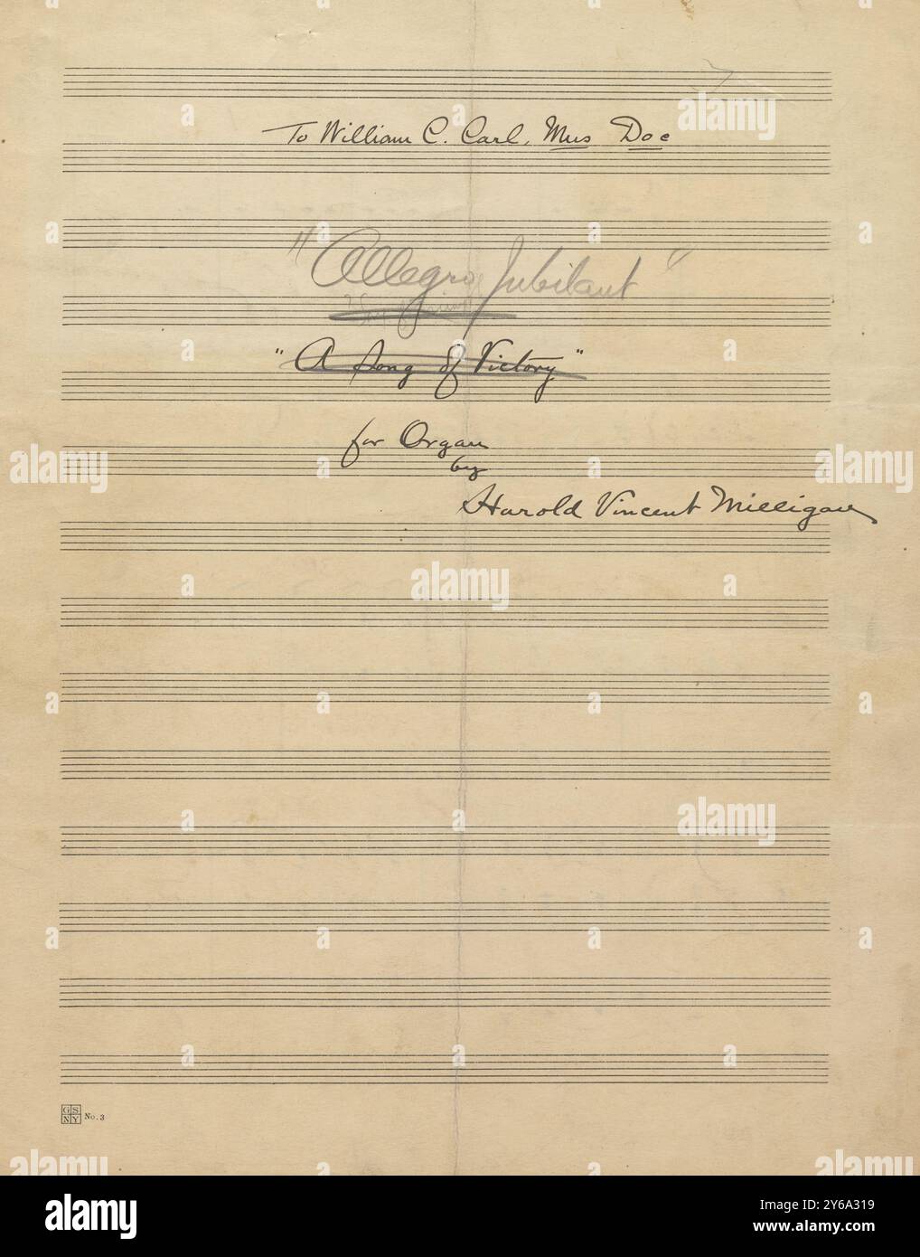 Musik 1800–1900; Musikmanuskripte; Milligan, Harold Vincent. Allegro Jubilant, Milligan, Harold Vincent., 1800 - 1900, Schmidt, Arthur Paul, Musikverlag, populäre Musik, Schreiben und Veröffentlichen, Noten, Music, United States, 19th Century, Music, United States, Manuskripte, Usa, Manuskripte Stockfoto