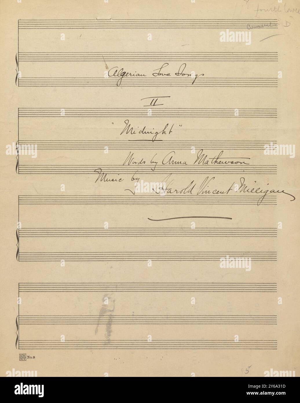 Musik 1800–1900; Musikmanuskripte; Milligan, Harold Vincent. Mitternacht, Milligan, Harold Vincent., 1800 - 1900, Schmidt, Arthur Paul, Musikverlag, populäre Musik, Schreiben und Veröffentlichen, Noten, Music, United States, 19th Century, Music, United States, Manuskripte, Usa, Manuskripte Stockfoto