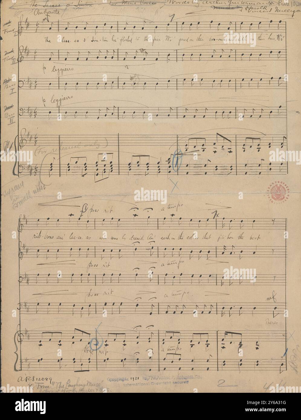 Musik 1800–1900; Musikmanuskripte; Milligan, Harold Vincent. Brille o' Linton, Milligan, Harold Vincent., 1800 - 1900, Schmidt, Arthur Paul, Musikverlag, populäre Musik, Schreiben und Veröffentlichen, Noten, Music, United States, 19th Century, Music, United States, Manuskripte, Usa, Manuskripte Stockfoto