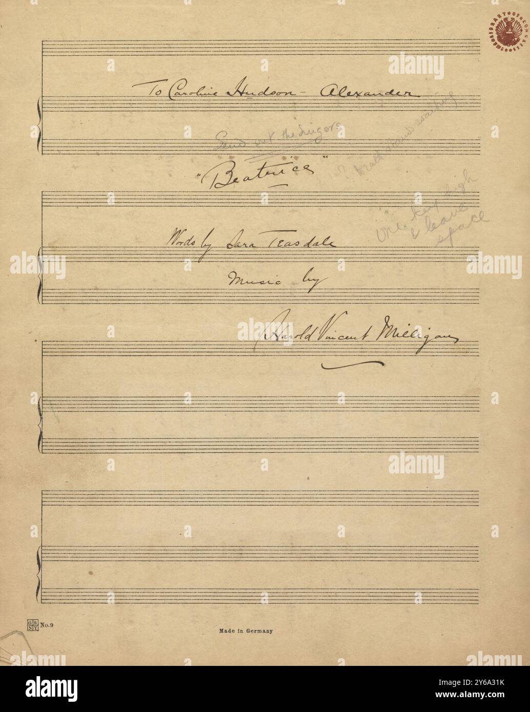 Musik 1800–1900; Musikmanuskripte; Milligan, Harold Vincent. Beatrice, Milligan, Harold Vincent., 1800 - 1900, Schmidt, Arthur Paul, Musikverlag, populäre Musik, Schreiben und Veröffentlichen, Noten, Music, United States, 19th Century, Music, United States, Manuskripte, Usa, Manuskripte Stockfoto