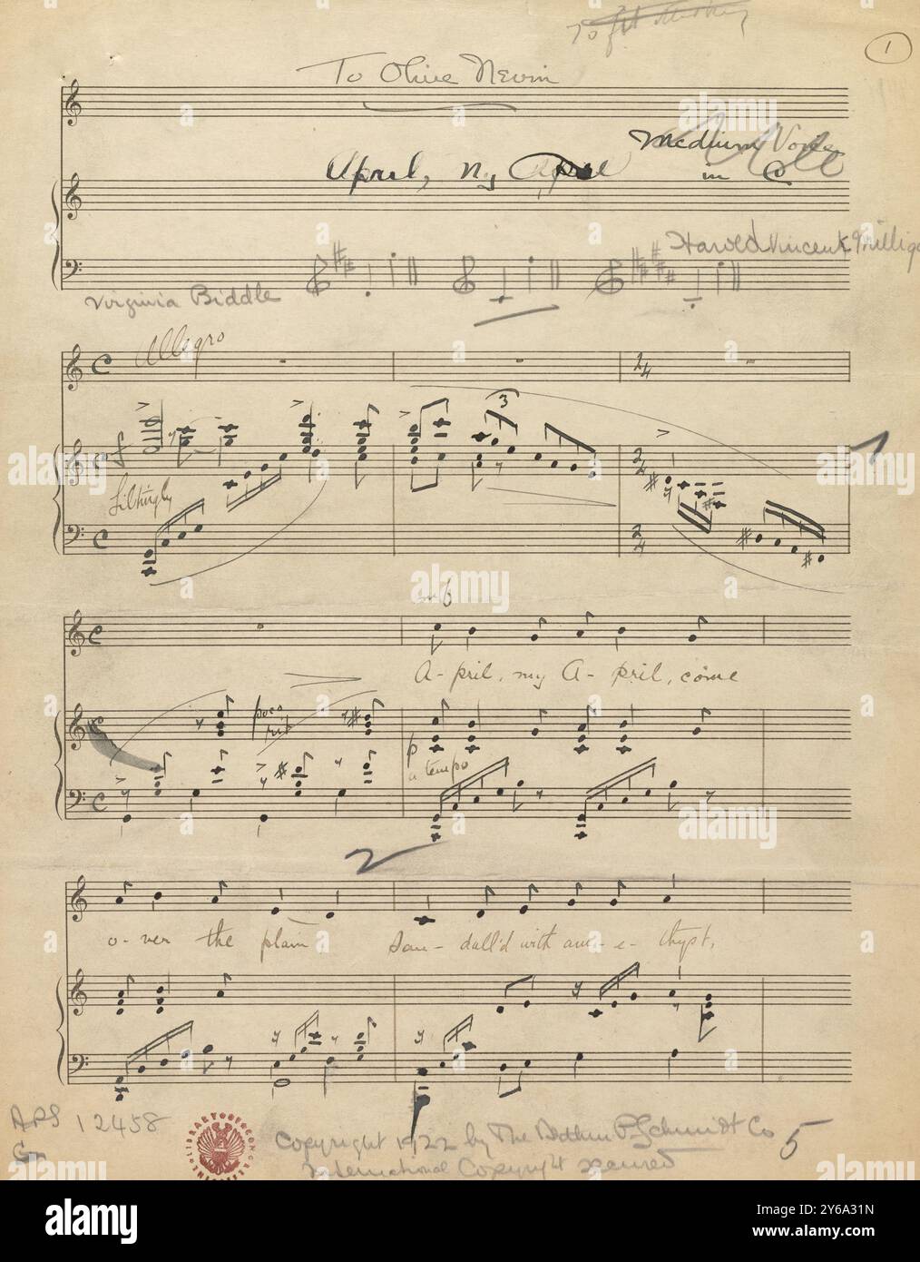 Musik 1800–1900; Musikmanuskripte; Milligan, Harold Vincent. April, mein April, für hohe Stimme und Klavier, Milligan, Harold Vincent., 1800 - 1900, Schmidt, Arthur Paul, Musikverlag, populäre Musik, Schreiben und Veröffentlichen, Noten, Music, United States, 19th Century, Music, United States, Manuskripte, Usa, Manuskripte Stockfoto