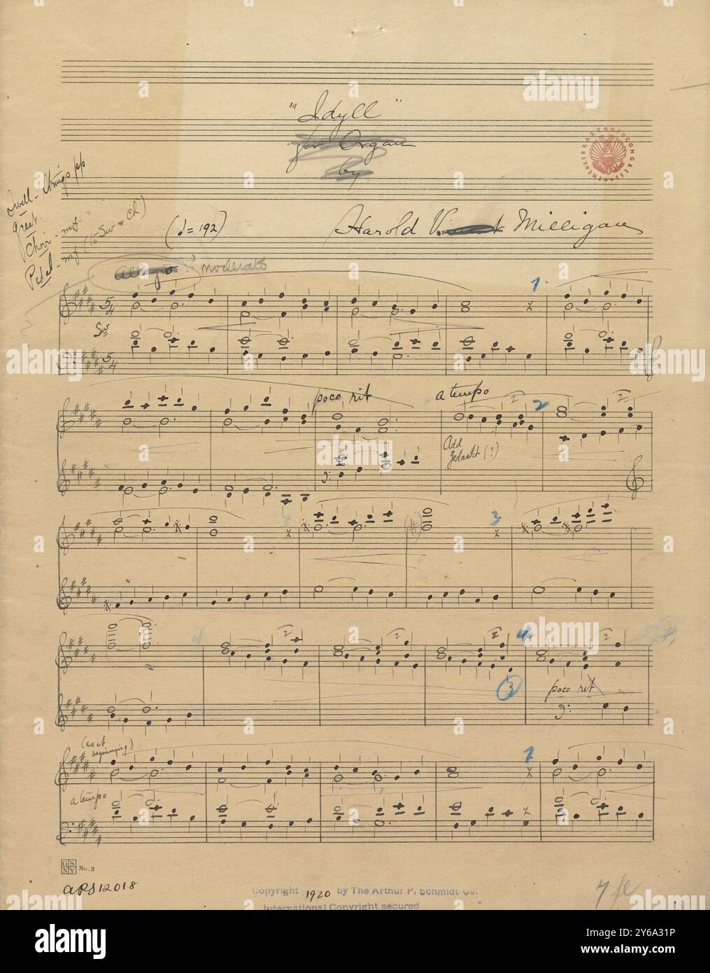Musik 1800–1900; Musikmanuskripte; Milligan, Harold Vincent. Idyll, Milligan, Harold Vincent., 1800 - 1900, Schmidt, Arthur Paul, Musikverlag, populäre Musik, Schreiben und Veröffentlichen, Noten, Music, United States, 19th Century, Music, United States, Manuskripte, Usa, Manuskripte Stockfoto
