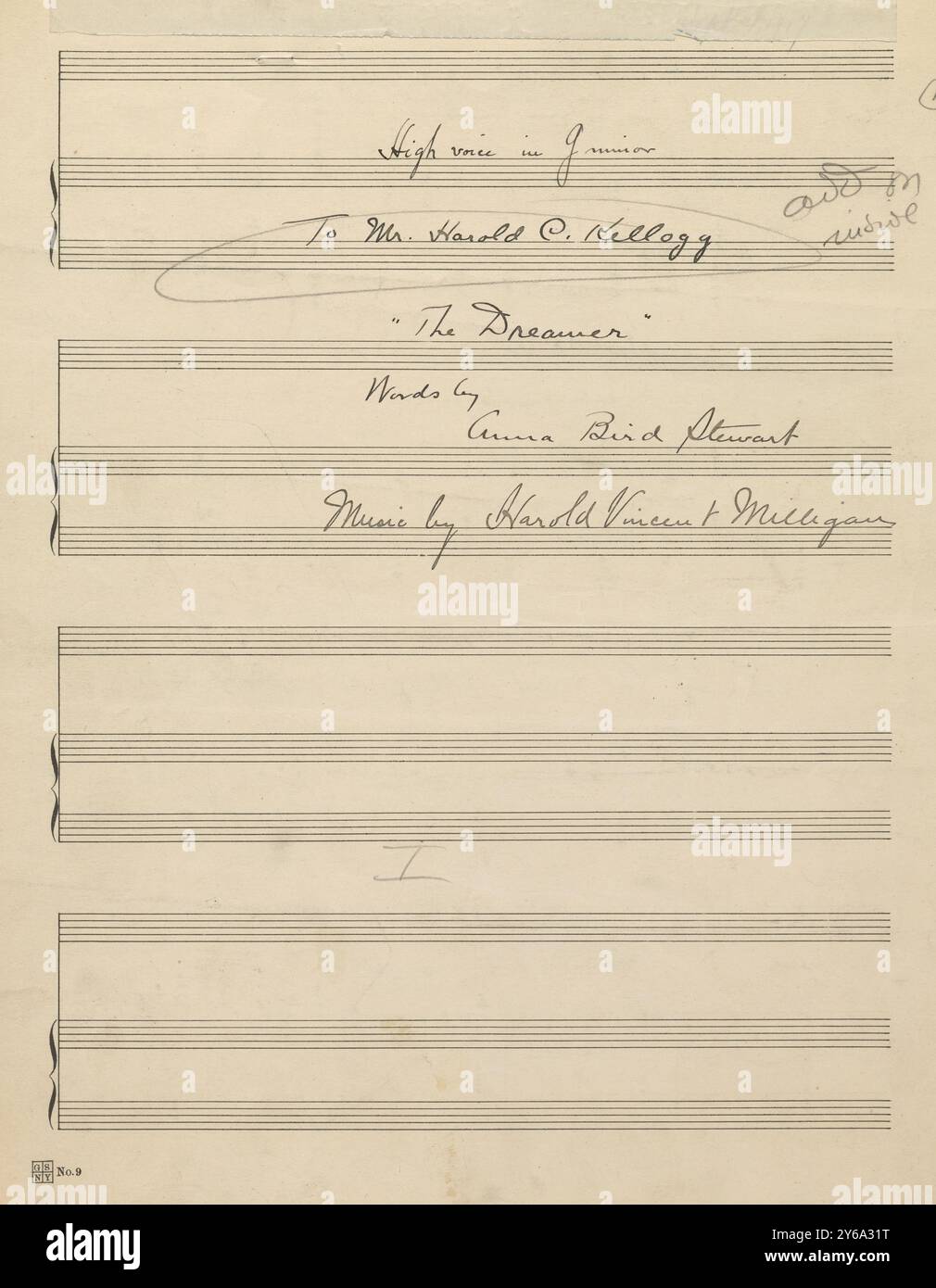 Musik 1800–1900; Musikmanuskripte; Milligan, Harold Vincent. Der Träumer, Milligan, Harold Vincent, 1800 - 1900, Schmidt, Arthur Paul, Musikverlag, populäre Musik, Schreiben und Veröffentlichen, Noten, Music, United States, 19th Century, Music, United States, Manuskripte, Usa, Manuskripte Stockfoto