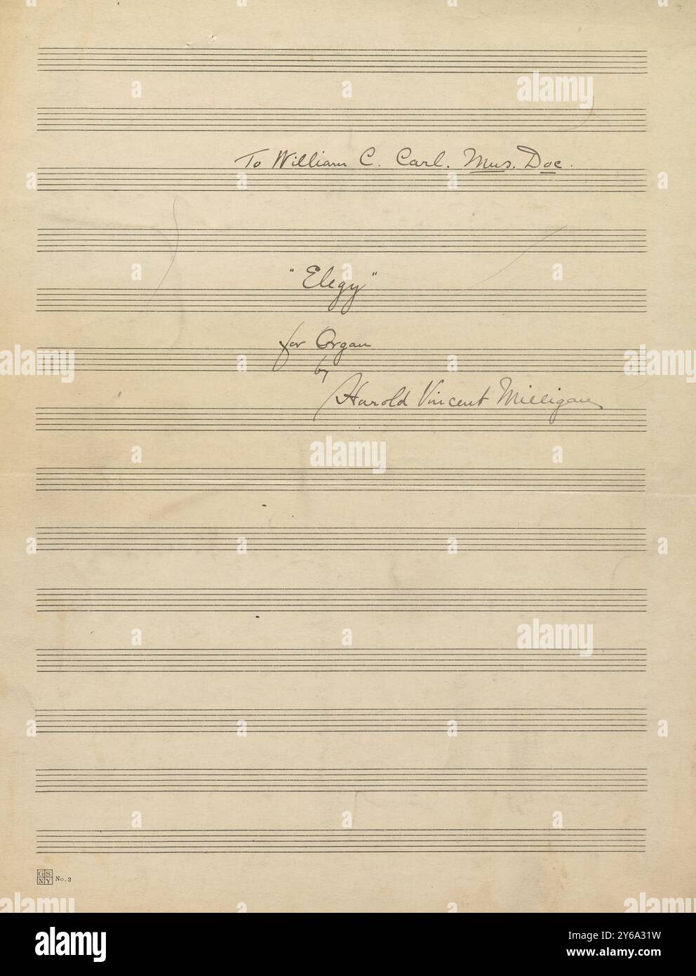 Musik 1800–1900; Musikmanuskripte; Milligan, Harold Vincent. Elegy, Milligan, Harold Vincent., 1800 - 1900, Schmidt, Arthur Paul, Musikverlag, populäre Musik, Schreiben und Veröffentlichen, Noten, Music, United States, 19th Century, Music, United States, Manuskripte, Usa, Manuskripte Stockfoto