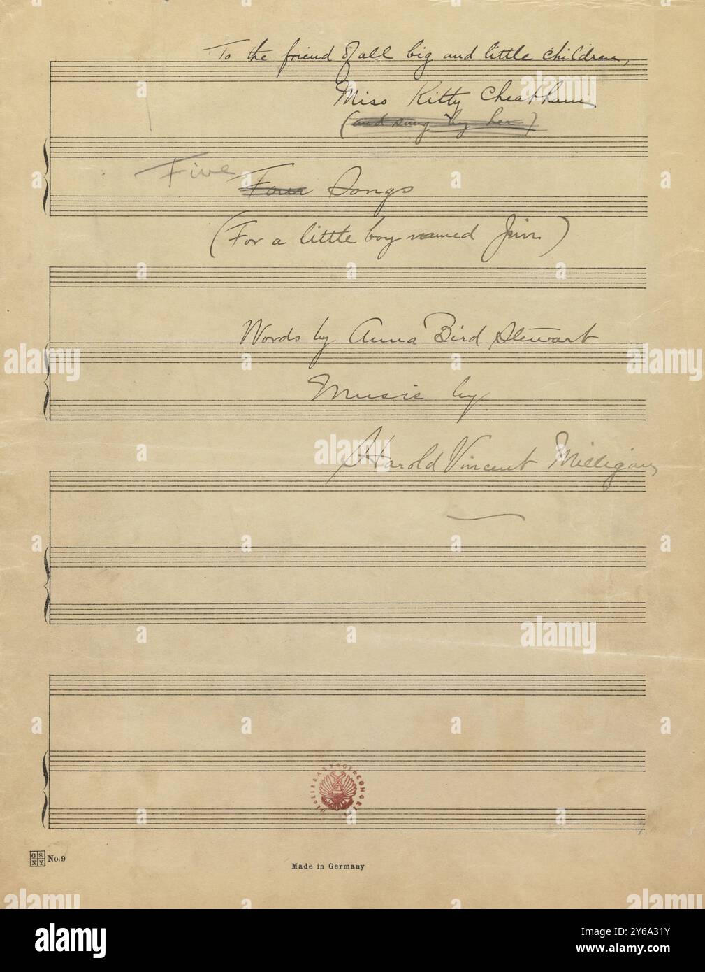 Musik 1800–1900; Musikmanuskripte; Milligan, Harold Vincent. Fünf Lieder, Milligan, Harold Vincent., 1800 - 1900, Schmidt, Arthur Paul, Musikverlag, populäre Musik, Schreiben und Veröffentlichen, Noten, Music, United States, 19th Century, Music, United States, Manuskripte, Usa, Manuskripte Stockfoto