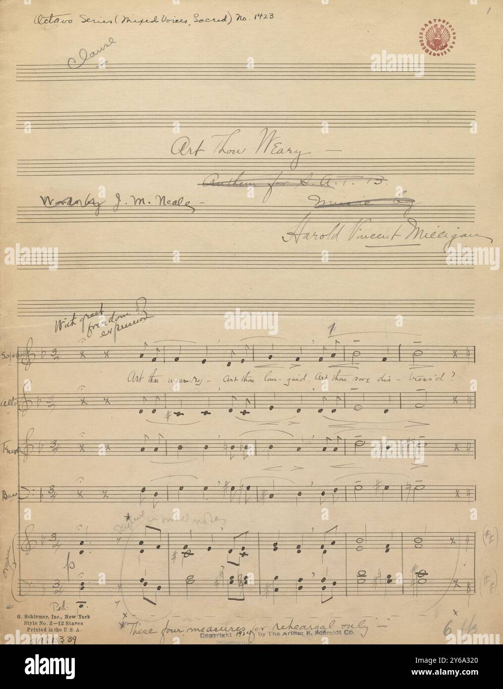 Musik 1800–1900; Musikmanuskripte; Milligan, Harold Vincent. Du bist müde, Milligan, Harold Vincent., 1800 - 1900, Schmidt, Arthur Paul, Musikverlag, populäre Musik, Schreiben und Veröffentlichen, Noten, Music, United States, 19th Century, Music, United States, Manuskripte, Usa, Manuskripte Stockfoto