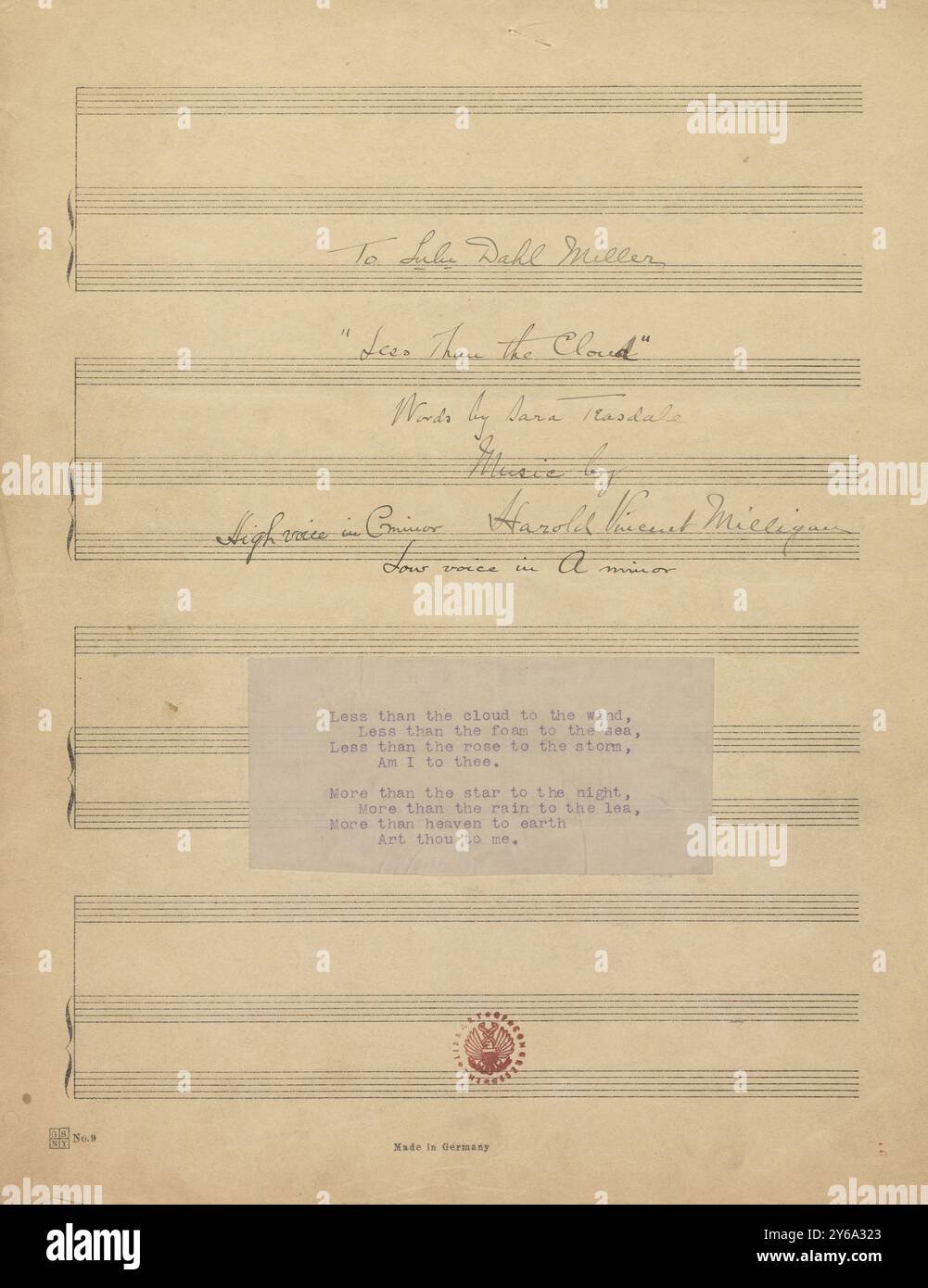 Musik 1800–1900; Musikmanuskripte; Milligan, Harold Vincent. Fünf Texte, Milligan, Harold Vincent., 1800 - 1900, Schmidt, Arthur Paul, Musikverlag, populäre Musik, Schreiben und Veröffentlichen, Noten, Music, United States, 19th Century, Music, United States, Manuskripte, Usa, Manuskripte Stockfoto