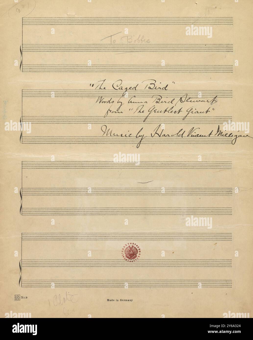 Musik 1800–1900; Musikmanuskripte; Milligan, Harold Vincent. Der sanfteste Riese, Milligan, Harold Vincent, 1800 - 1900, Schmidt, Arthur Paul, Musikverlag, populäre Musik, Schreiben und Veröffentlichen, Noten, Music, United States, 19th Century, Music, United States, Manuskripte, Usa, Manuskripte Stockfoto