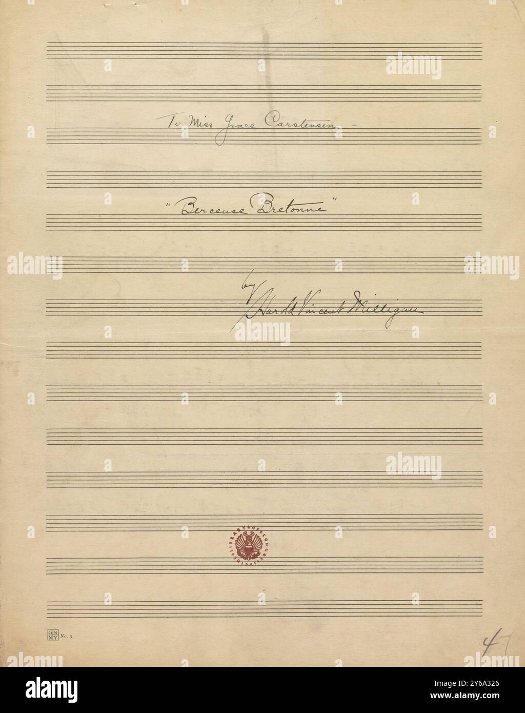 Musik 1800–1900; Musikmanuskripte; Milligan, Harold Vincent. Berceuse bretonne, Milligan, Harold Vincent., 1800 - 1900, Schmidt, Arthur Paul, Musikverlag, populäre Musik, Schreiben und Veröffentlichen, Noten, Music, United States, 19th Century, Music, United States, Manuskripte, Usa, Manuskripte Stockfoto