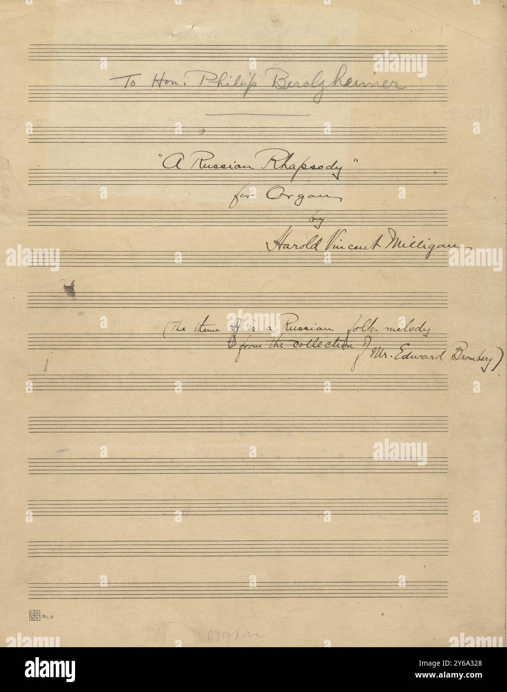 Musik 1800–1900; Musikmanuskripte; Milligan, Harold Vincent. Eine russische rhapsodie, Milligan, Harold Vincent, 1800 - 1900, Schmidt, Arthur Paul, Musikverlag, populäre Musik, Schreiben und Veröffentlichen, Noten, Music, United States, 19th Century, Music, United States, Manuskripte, Usa, Manuskripte Stockfoto