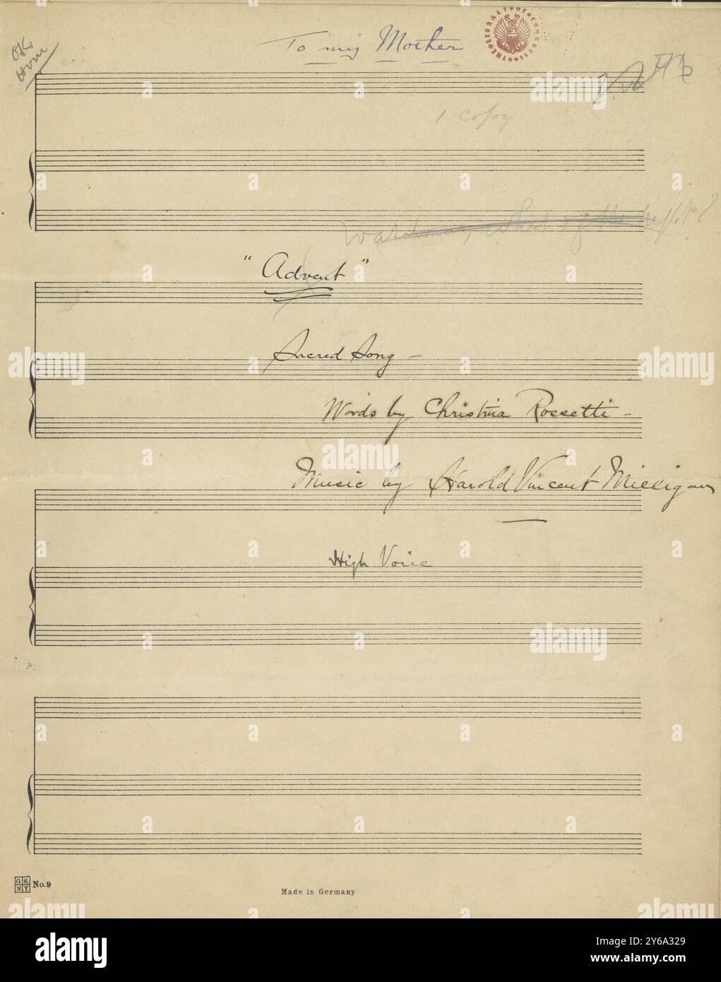 Musik 1800–1900; Musikmanuskripte; Milligan, Harold Vincent. Watchman, was ist mit der Nacht? Milligan, Harold Vincent. 1800 - 1900, Schmidt, Arthur Paul, Musikverlag, populäre Musik, Schreiben und Veröffentlichen, Noten, Music, United States, 19th Century, Music, United States, Manuskripte, Usa, Manuskripte Stockfoto