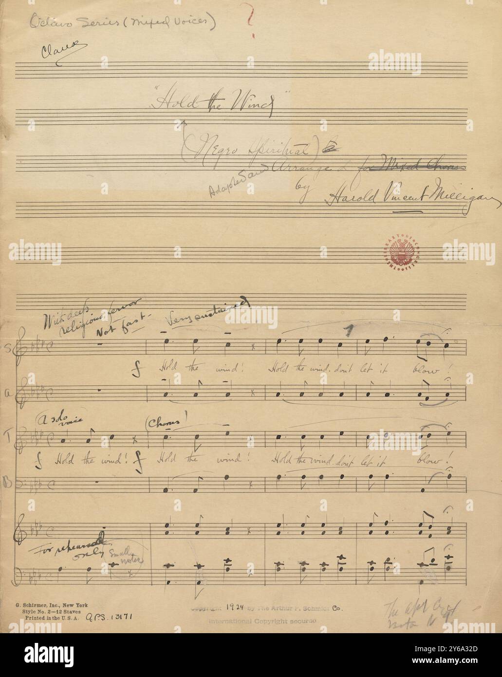 Musik 1800–1900; Musikmanuskripte; Milligan, Harold Vincent, Arrangeur. Halt den Wind, Milligan, Harold Vincent (Arrangeur), 1800–1900, Schmidt, Arthur Paul, Musikverlag, populäre Musik, Schreiben und Veröffentlichen, Noten, Music, United States, 19th Century, Music, United States, Manuskripte, Usa, Manuskripte Stockfoto
