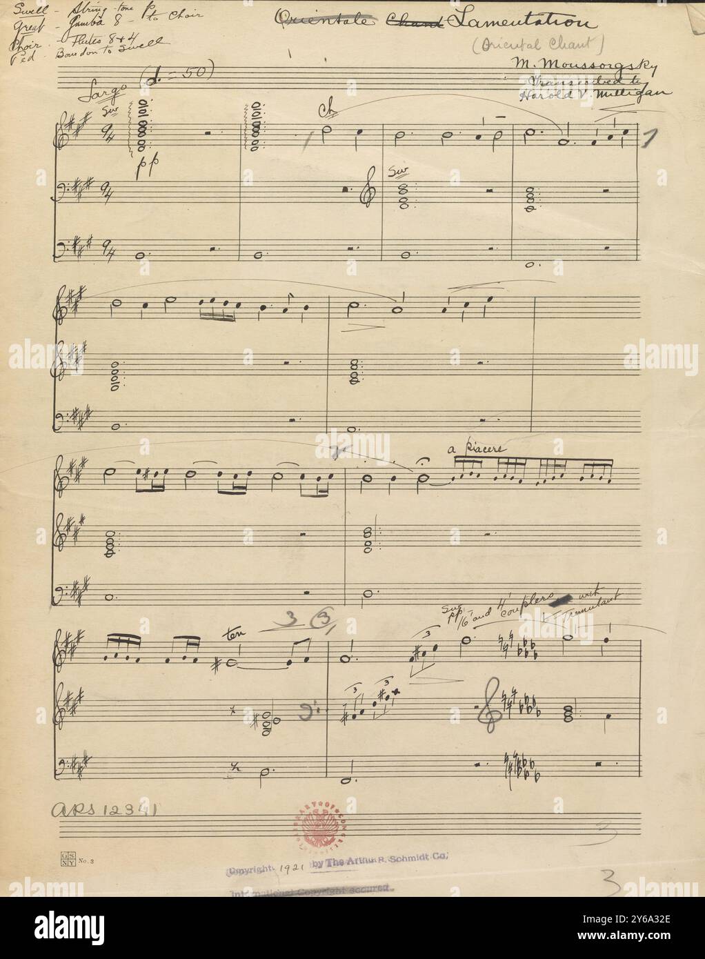 Musik 1800–1900; Musikmanuskripte; Milligan, Harold Vincent, Arrangeur. Lamentation (Mussorgsky), Milligan, Harold Vincent (Arrangeur), 1800 - 1900, Schmidt, Arthur Paul, Musikverlag, populäre Musik, Schreiben und Veröffentlichen, Noten, Music, United States, 19th Century, Music, United States, Manuskripte, Usa, Manuskripte Stockfoto