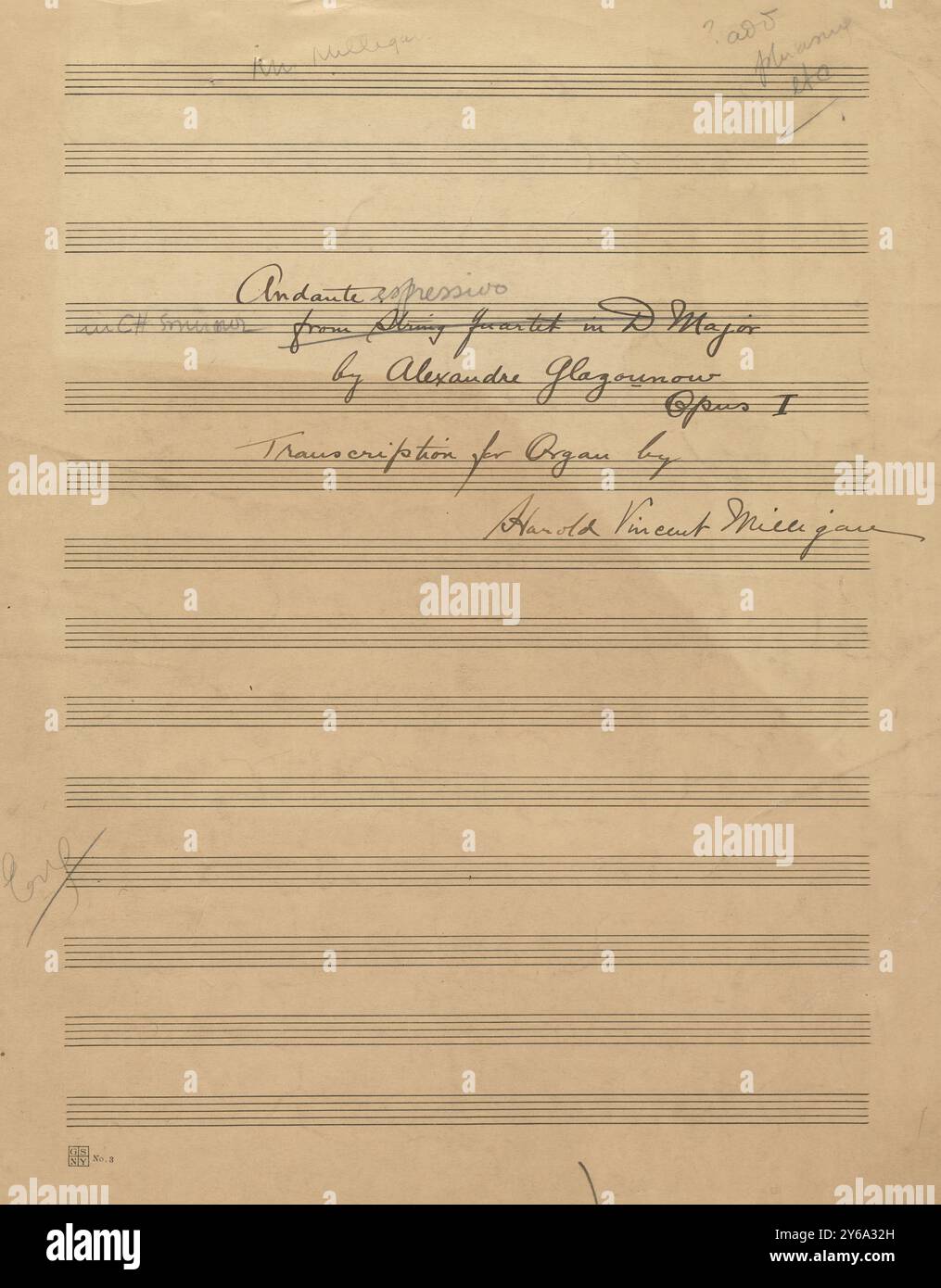 Musik 1800–1900; Musikmanuskripte; Milligan, Harold Vincent, Arrangeur. Andante Espressivo (Glazounow), Milligan, Harold Vincent (Arrangeur), 1800 - 1900, Schmidt, Arthur Paul, Musikverlag, populäre Musik, Schreiben und Veröffentlichen, Noten, Music, United States, 19th Century, Music, United States, Manuskripte, Usa, Manuskripte Stockfoto