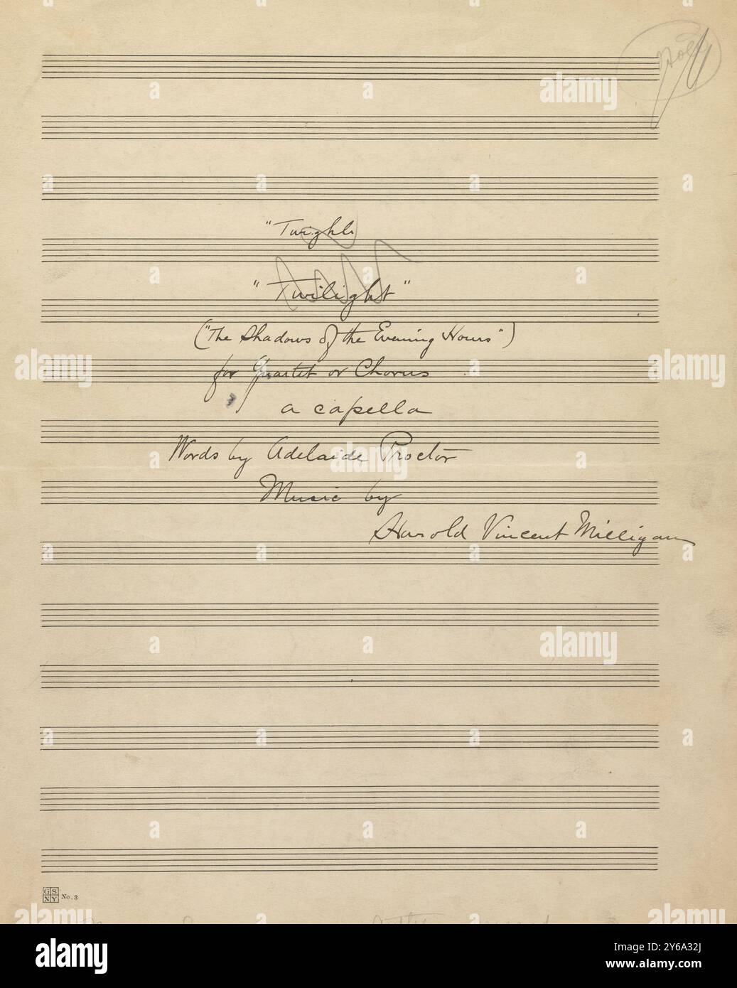 Musik 1800–1900; Musikmanuskripte; Milligan, Harold Vincent. Die Schatten der Abendstunden, Milligan, Harold Vincent, 1800 - 1900, Schmidt, Arthur Paul, Musikverlag, populäre Musik, Schreiben und Veröffentlichen, Noten, Music, United States, 19th Century, Music, United States, Manuskripte, Usa, Manuskripte Stockfoto