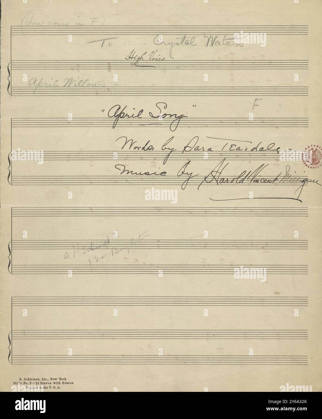 Musik 1800–1900; Musikmanuskripte; Milligan, Harold Vincent. Willow in deinem Aprilkleid, Milligan, Harold Vincent. 1800 - 1900, Schmidt, Arthur Paul, Musikverlag, populäre Musik, Schreiben und Veröffentlichen, Noten, Music, United States, 19th Century, Music, United States, Manuskripte, Usa, Manuskripte Stockfoto