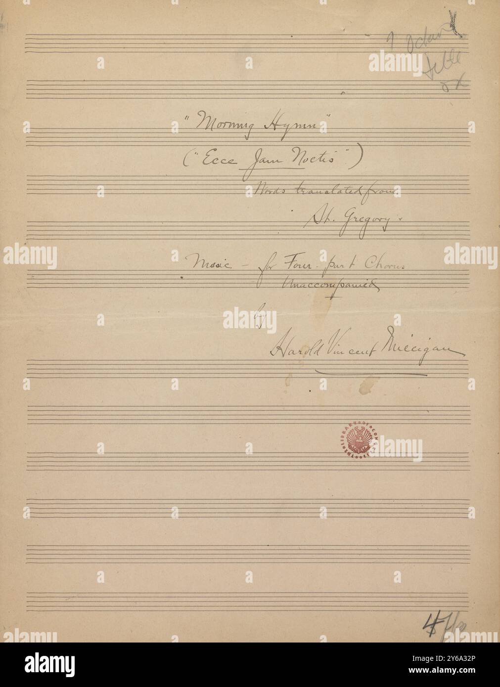 Musik 1800–1900; Musikmanuskripte; Milligan, Harold Vincent. Morgendhymne, Milligan, Harold Vincent., 1800 - 1900, Schmidt, Arthur Paul, Musikverlag, populäre Musik, Schreiben und Veröffentlichen, Noten, Music, United States, 19th Century, Music, United States, Manuskripte, Usa, Manuskripte Stockfoto