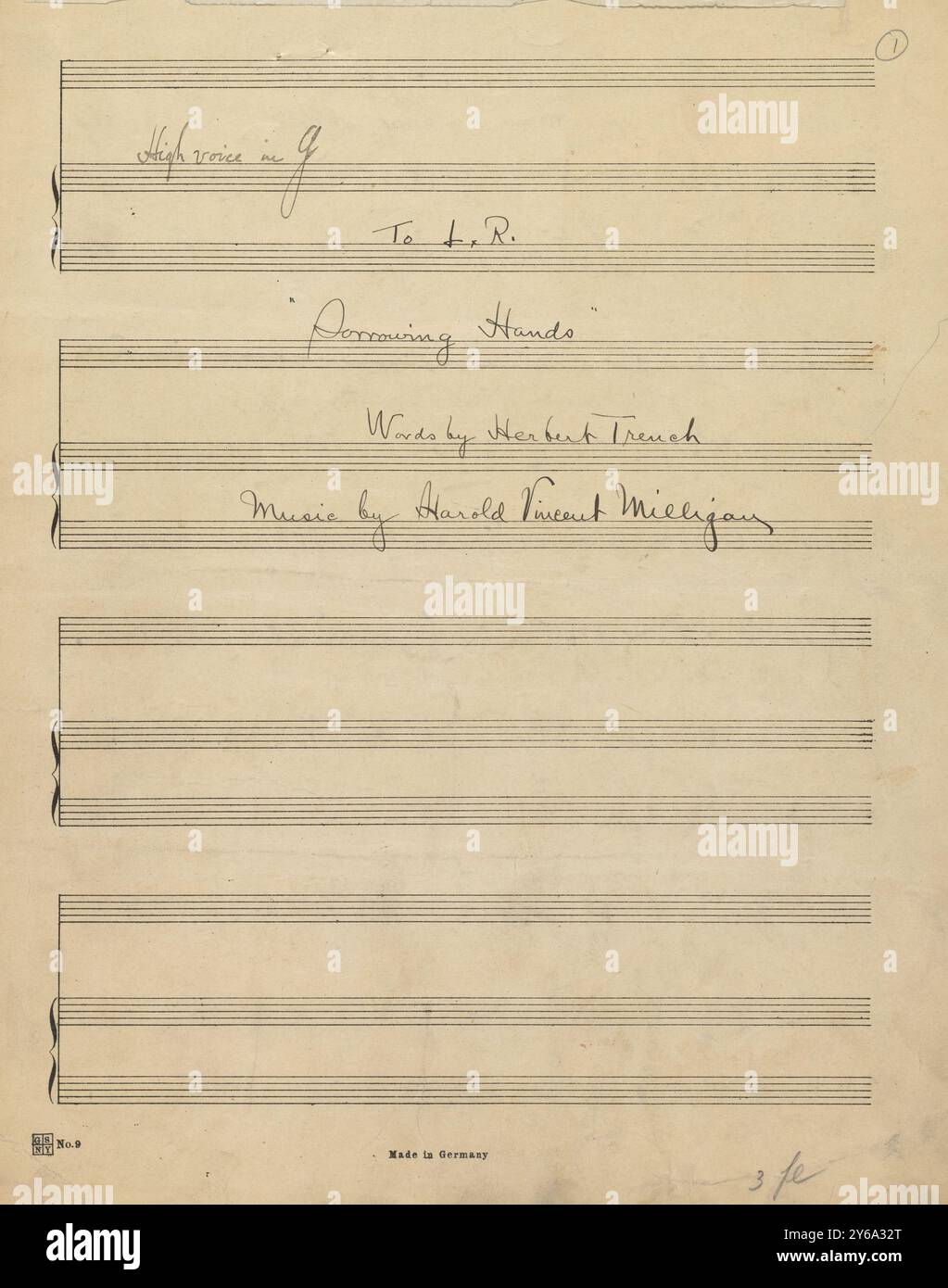 Musik 1800–1900; Musikmanuskripte; Milligan, Harold Vincent. Sorrowing Hands, Milligan, Harold Vincent., 1800 - 1900, Schmidt, Arthur Paul, Musikverlag, populäre Musik, Schreiben und Veröffentlichen, Noten, Music, United States, 19th Century, Music, United States, Manuskripte, Usa, Manuskripte Stockfoto