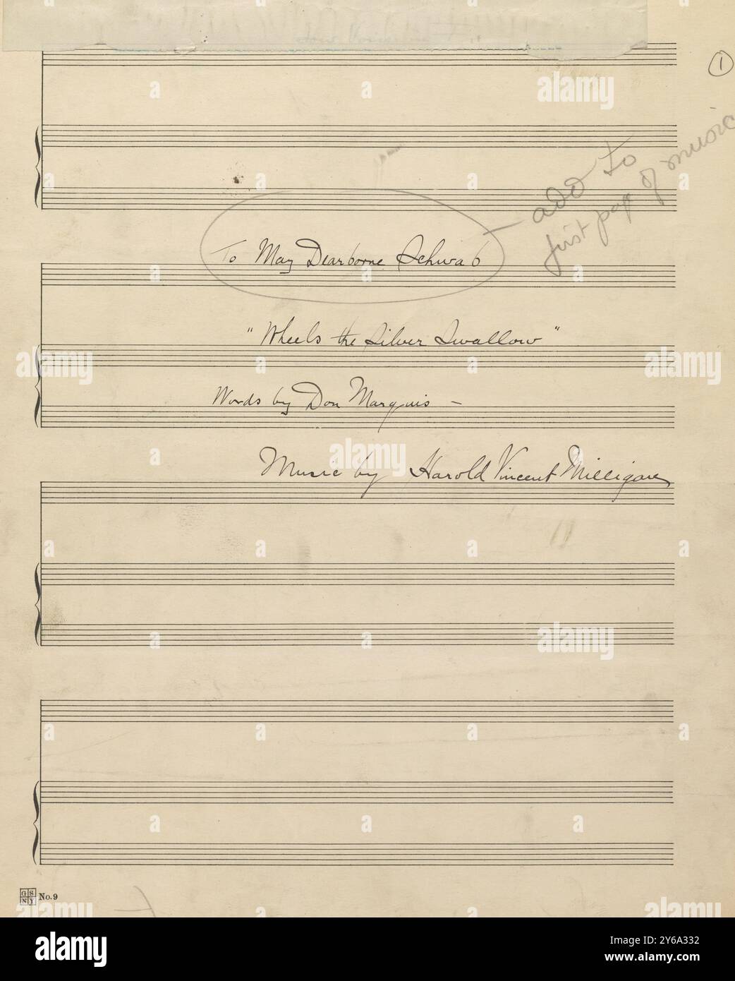 Musik 1800–1900; Musikmanuskripte; Milligan, Harold Vincent. Rollen Sie die Silberschwalbe, Milligan, Harold Vincent., 1800 - 1900, Schmidt, Arthur Paul, Musikverlag, populäre Musik, Schreiben und Veröffentlichen, Noten, Music, United States, 19th Century, Music, United States, Manuskripte, Usa, Manuskripte Stockfoto