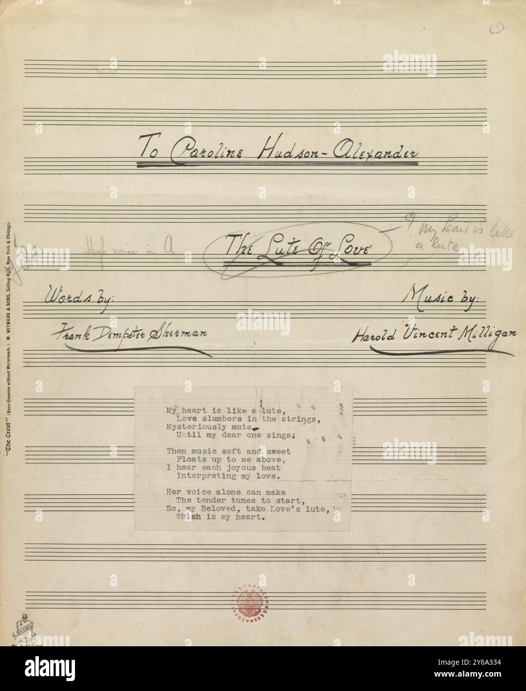Musik 1800–1900; Musikmanuskripte; Milligan, Harold Vincent. Mein Herz ist wie eine Laute, Milligan, Harold Vincent, 1800 - 1900, Schmidt, Arthur Paul, Musikverlag, populäre Musik, Schreiben und Veröffentlichen, Noten, Music, United States, 19th Century, Music, United States, Manuskripte, Usa, Manuskripte Stockfoto