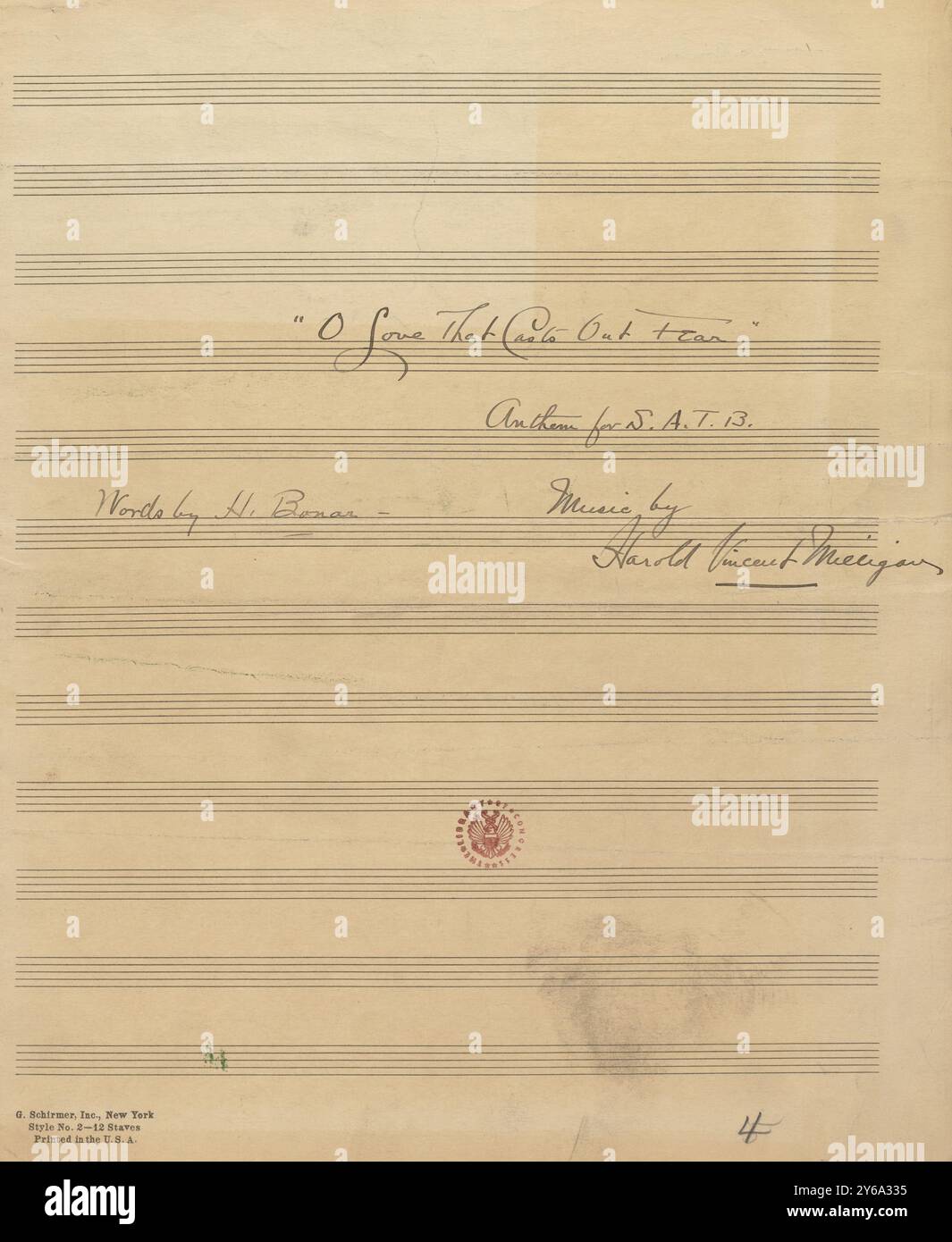 Musik 1800–1900; Musikmanuskripte; Milligan, Harold Vincent. O Liebe, die Angst vertreibt, Milligan, Harold Vincent, 1800 - 1900, Schmidt, Arthur Paul, Musikverlag, populäre Musik, Schreiben und Veröffentlichen, Noten, Music, United States, 19th Century, Music, United States, Manuskripte, Usa, Manuskripte Stockfoto