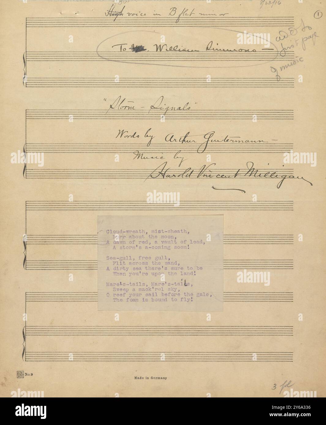 Musik 1800–1900; Musikmanuskripte; Milligan, Harold Vincent. Sturmsignale, Milligan, Harold Vincent., 1800 - 1900, Schmidt, Arthur Paul, Musikverlag, populäre Musik, Schreiben und Veröffentlichen, Noten, Music, United States, 19th Century, Music, United States, Manuskripte, Usa, Manuskripte Stockfoto