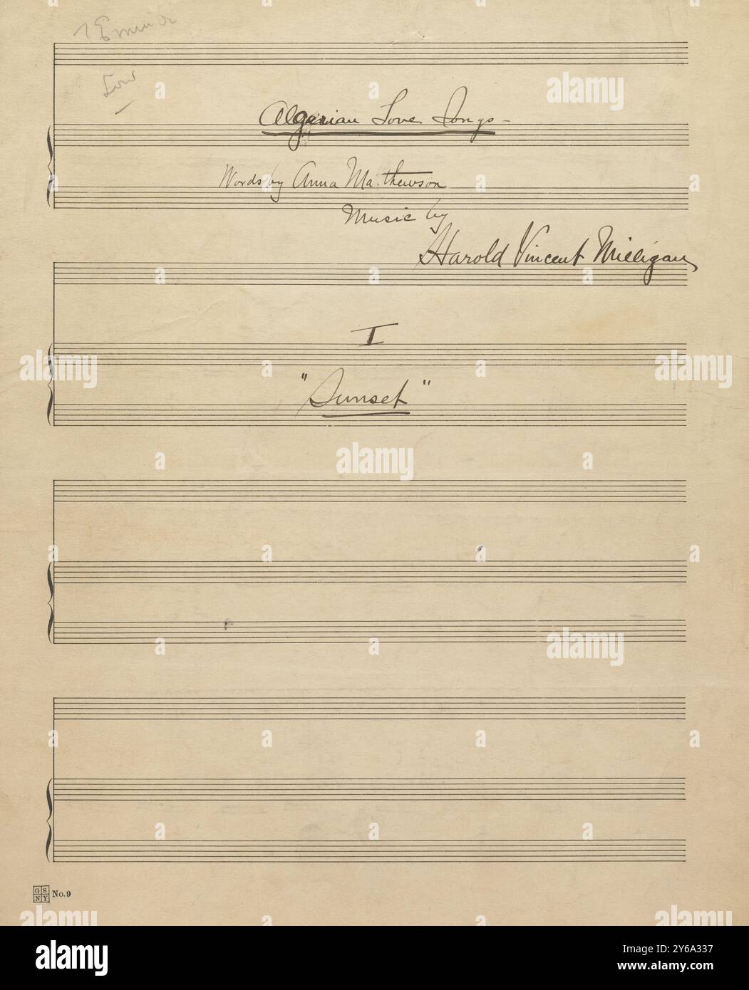 Musik 1800–1900; Musikmanuskripte; Milligan, Harold Vincent. Sunset, Milligan, Harold Vincent., 1800 - 1900, Schmidt, Arthur Paul, Musikverlag, populäre Musik, Schreiben und Veröffentlichen, Noten, Music, United States, 19th Century, Music, United States, Manuskripte, Usa, Manuskripte Stockfoto