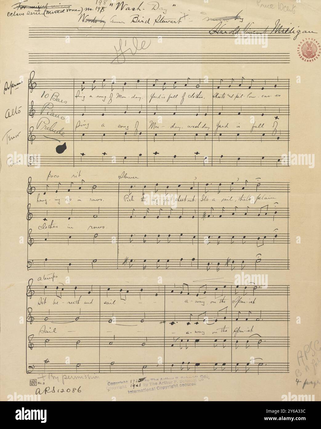 Musik 1800–1900; Musikmanuskripte; Milligan, Harold Vincent. Wash-Day, Milligan, Harold Vincent., 1800 - 1900, Schmidt, Arthur Paul, Musikverlag, populäre Musik, Schreiben und Veröffentlichen, Noten, Music, United States, 19th Century, Music, United States, Manuskripte, Usa, Manuskripte Stockfoto