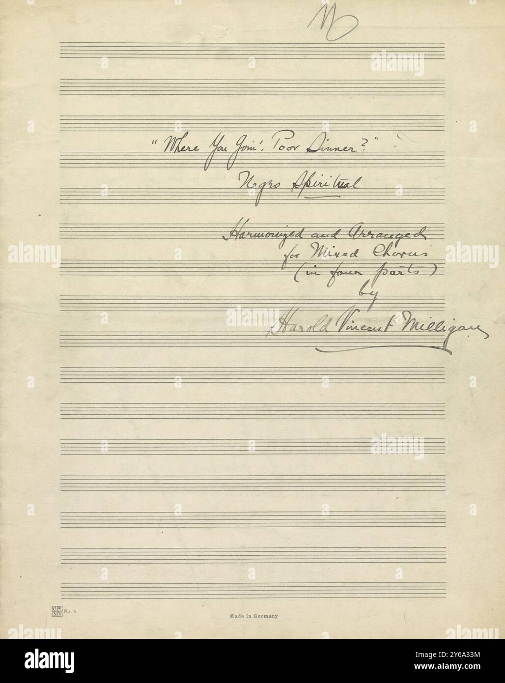 Musik 1800–1900; Musikmanuskripte; Milligan, Harold Vincent, Arrangeur. Wo gehst du hin, armer Sünder?, Milligan, Harold Vincent (Arrangeur), 1800 - 1900, Schmidt, Arthur Paul, Musikverlag, populäre Musik, Schreiben und Verlagswesen, Noten, Musik, Vereinigte Staaten, 19. Jahrhundert, Musik, Usa, Manuskripte, Usa, Manuskripte Stockfoto