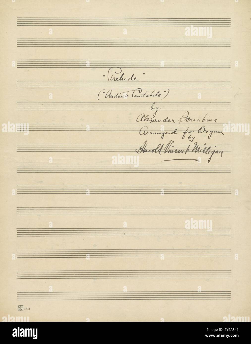 Musik 1800–1900; Musikmanuskripte; Milligan, Harold Vincent, Arrangeur. Prelude (Skrjabin), Milligan, Harold Vincent (Arrangeur), 1800 - 1900, Schmidt, Arthur Paul, Musikverlag, populäre Musik, Schreiben und Veröffentlichen, Noten, Music, United States, 19th Century, Music, United States, Manuskripte, Usa, Manuskripte Stockfoto