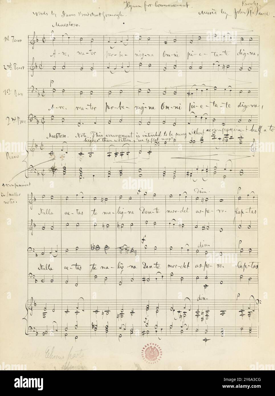 Musik 1800–1900; Musikmanuskripte; Paine, John Knowles. Hymne für Beginn, Paine, John Knowles., 1800 - 1900, Schmidt, Arthur Paul, Musikverlag, populäre Musik, Schreiben und Veröffentlichen, Noten, Music, United States, 19th Century, Music, United States, Manuskripte, Usa, Manuskripte Stockfoto