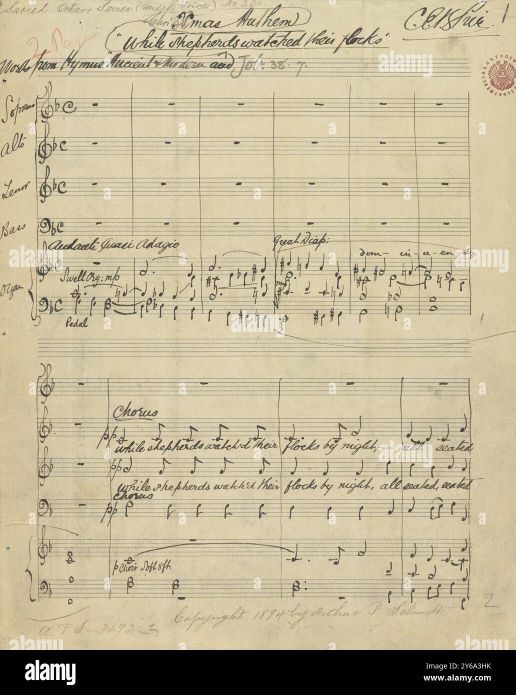 Musik 1800–1900; Musikmanuskripte; Price, C. E. B. während die Hirten ihre Herden beobachteten, Price, C. E. B., 1800–1900, Schmidt, Arthur Paul, Musikverlag, populäre Musik, Schreiben und Veröffentlichen, Noten, Music, United States, 19th Century, Music, United States, Manuskripte, Usa, Manuskripte Stockfoto